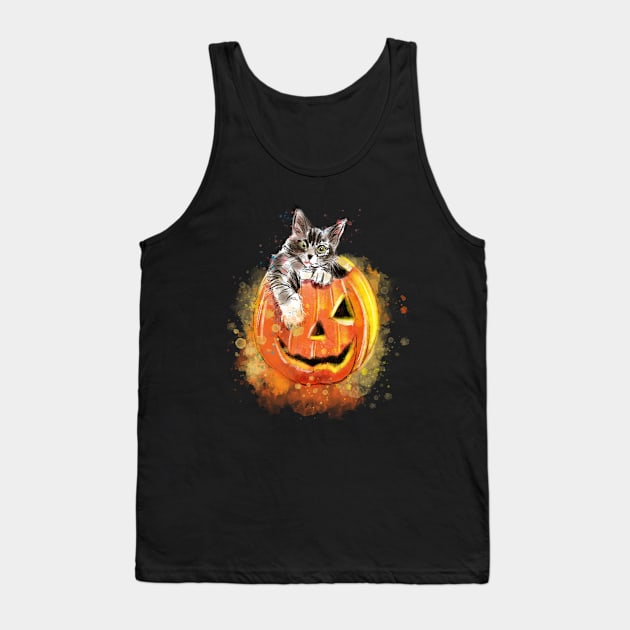 Cat and Jack O Lantern Gray Tank Top by beaugeste2280@yahoo.com